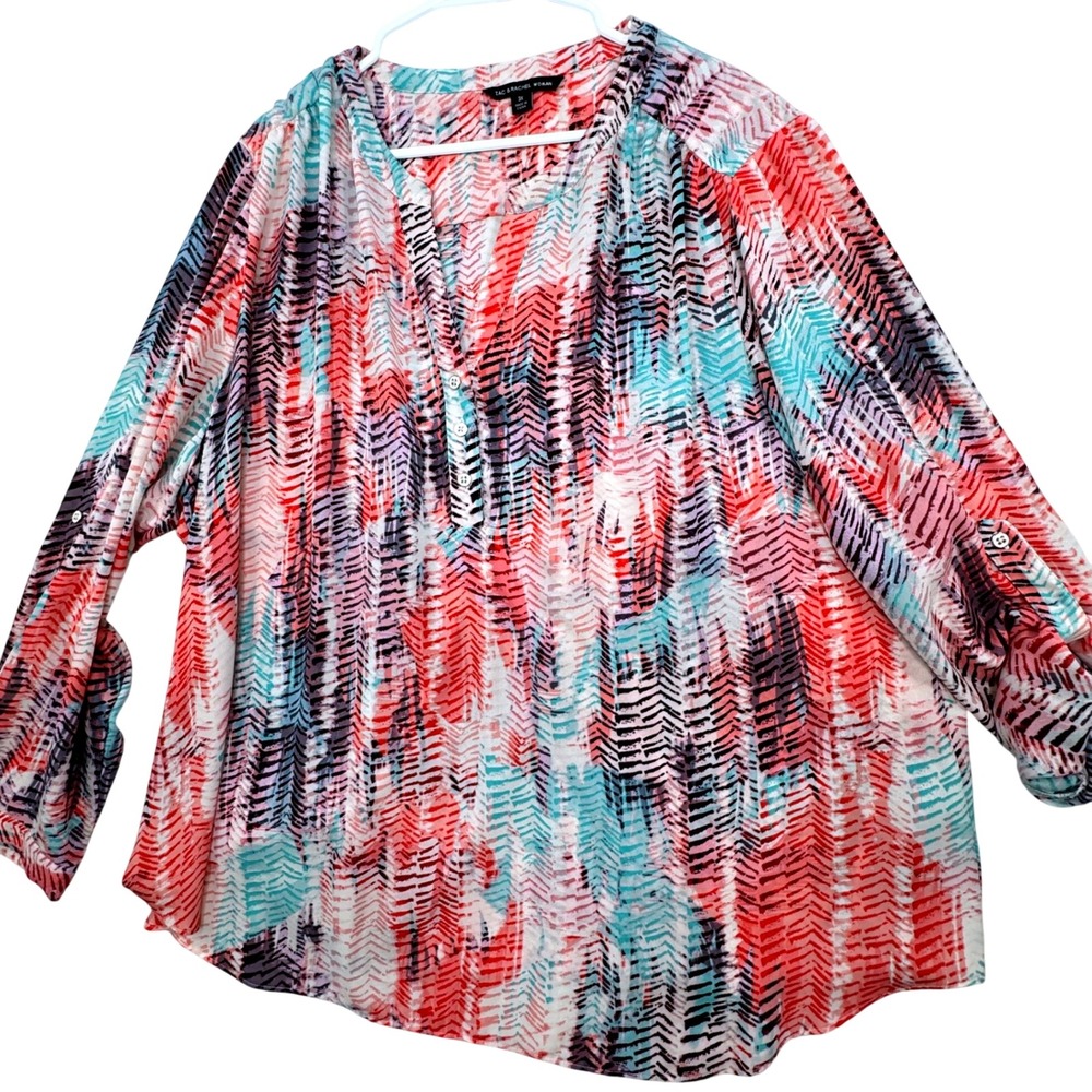 Zac & Rachel Blouse Women 3X Multicolor Abstract Chevron Henley Career Boho